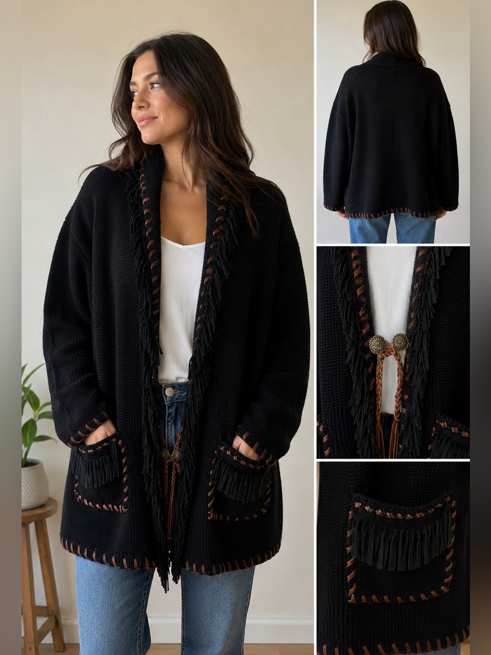 Black Fringe Cardigan with Brown leather Trim